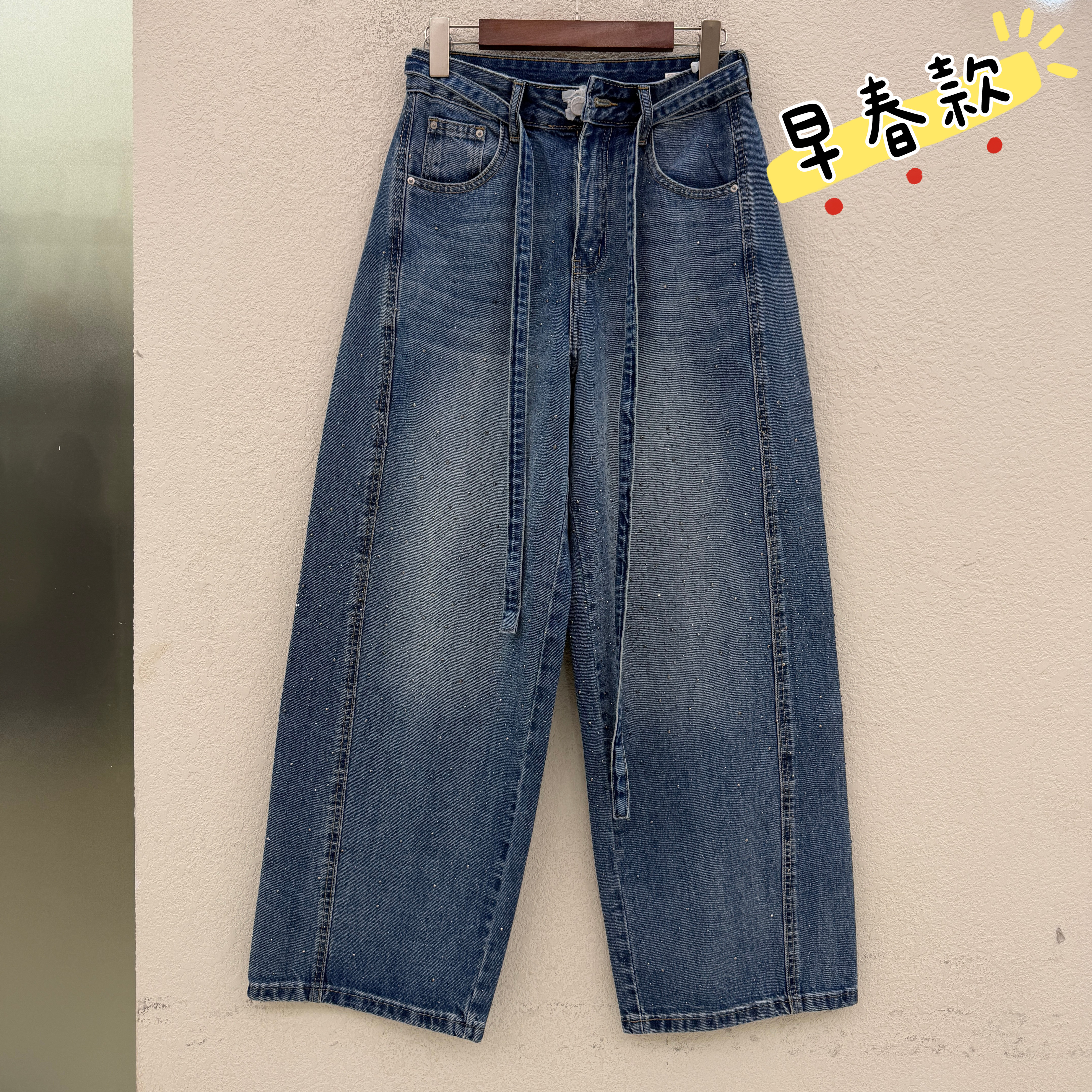 JEANS金蚂蚁S2626欧货满天星烫钻牛仔裤女2026春新款高腰阔腿裤