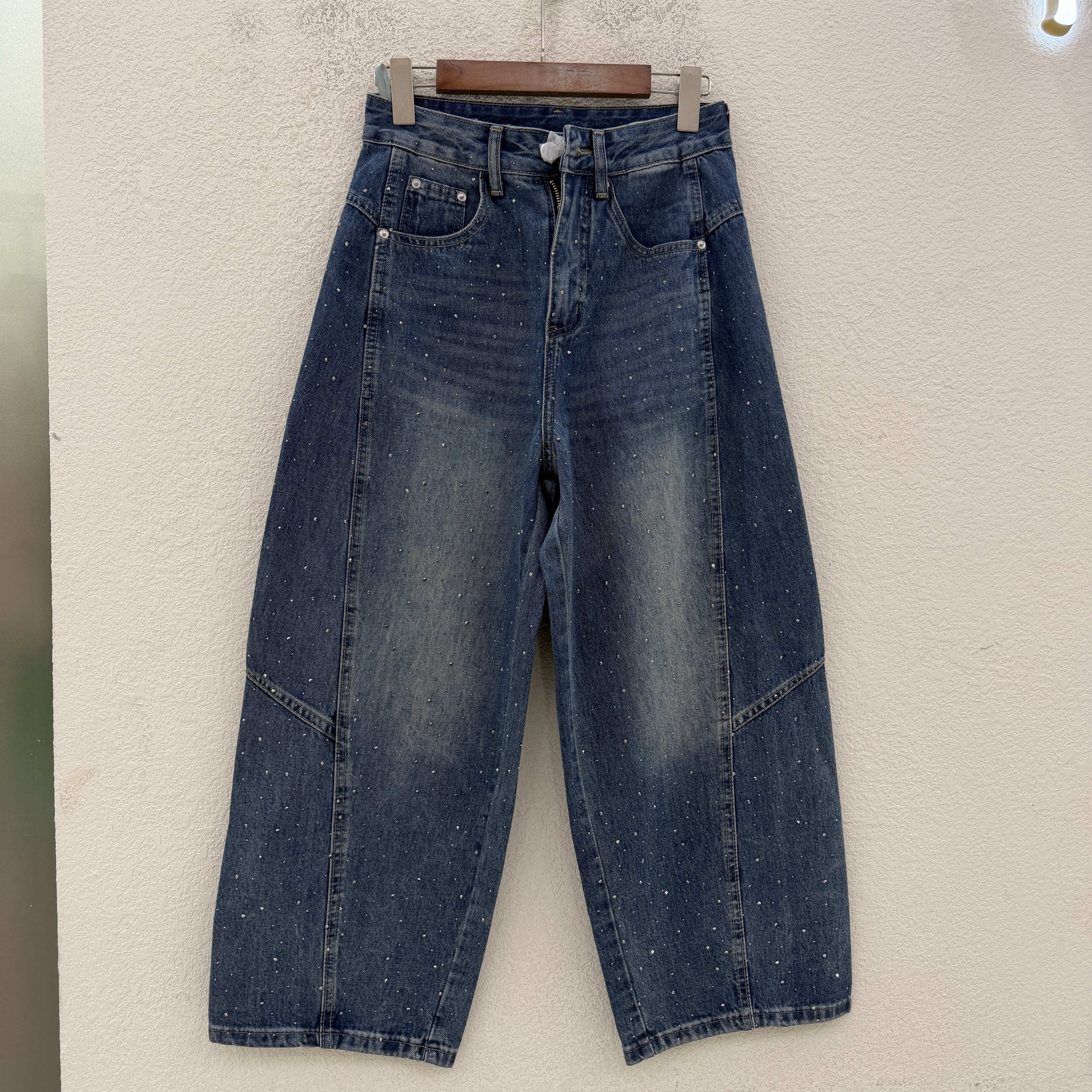 JEANS金蚂蚁S2690烫钻无弹阔腿牛仔裤女八分显瘦小个子宽松女裤夏