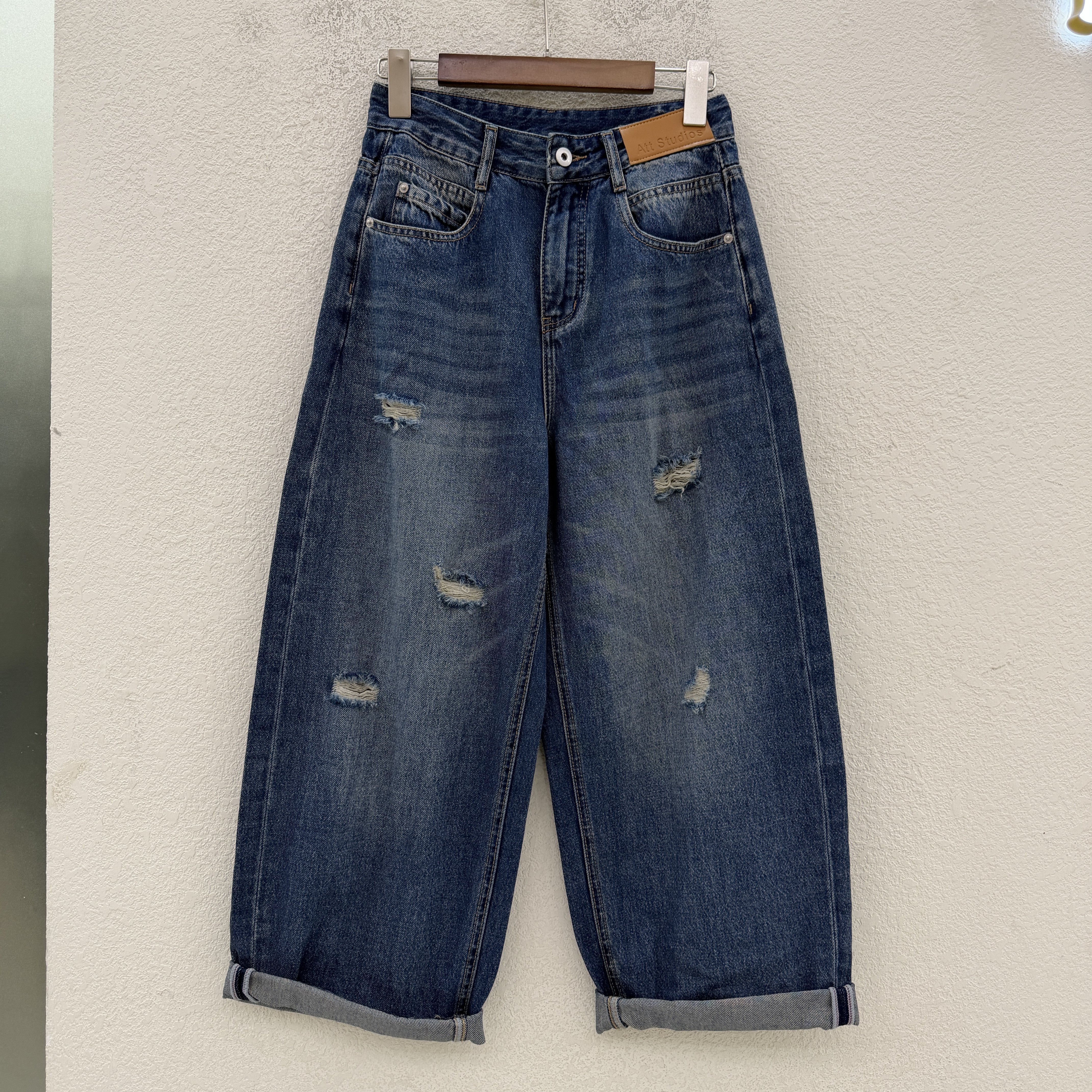 夏款欧货HYFS JEANS红提子66185破洞皮牌牛仔垮裤九分女裤潮YKK