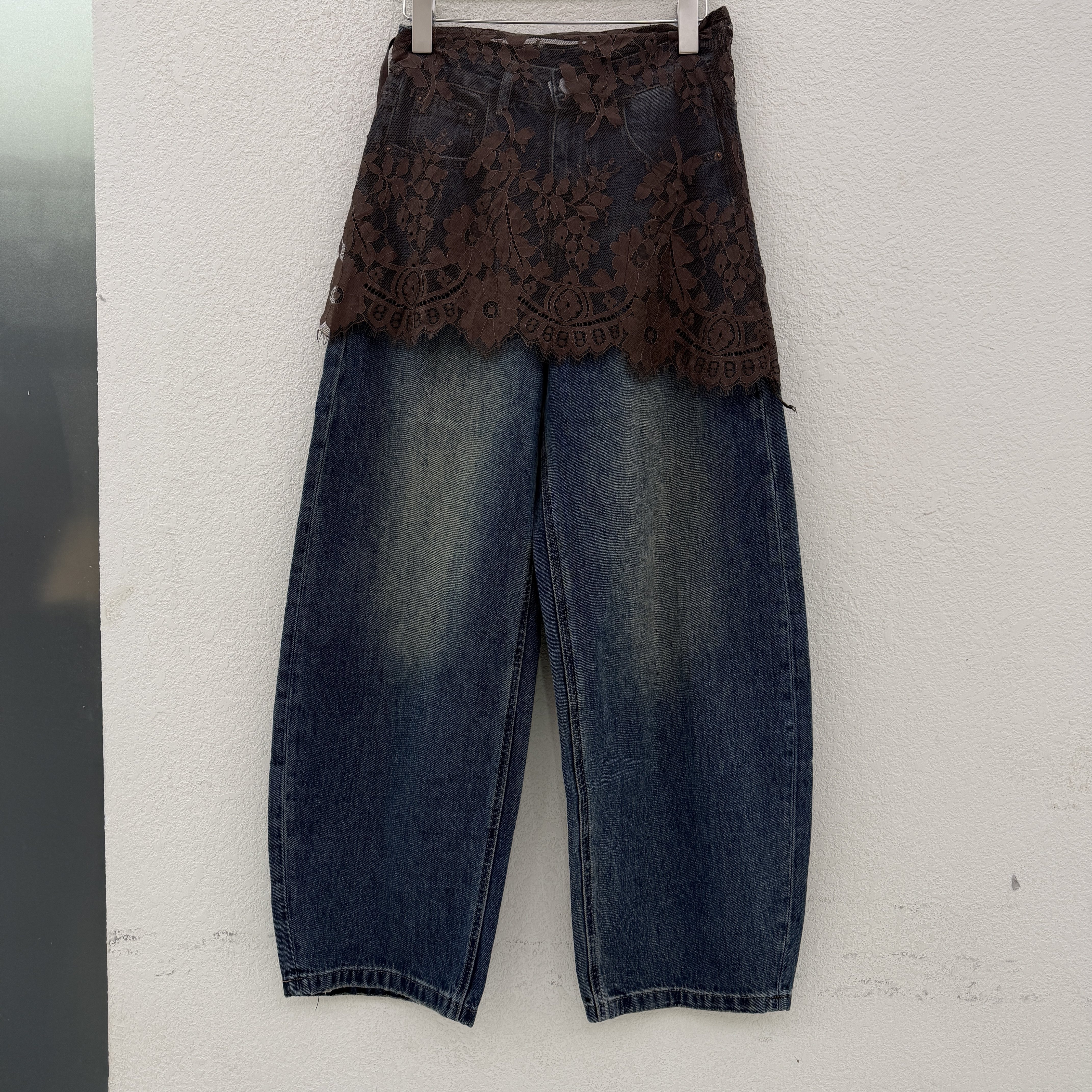 JEANS韩酷莱5590高腰蕾丝屁帘牛仔阔腿裤女宽松百搭弯刀长裤秋款