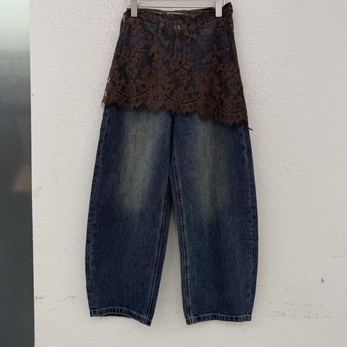 JEANS韩酷莱5590高腰蕾丝屁帘牛仔阔腿裤女宽松百搭弯刀长裤秋款