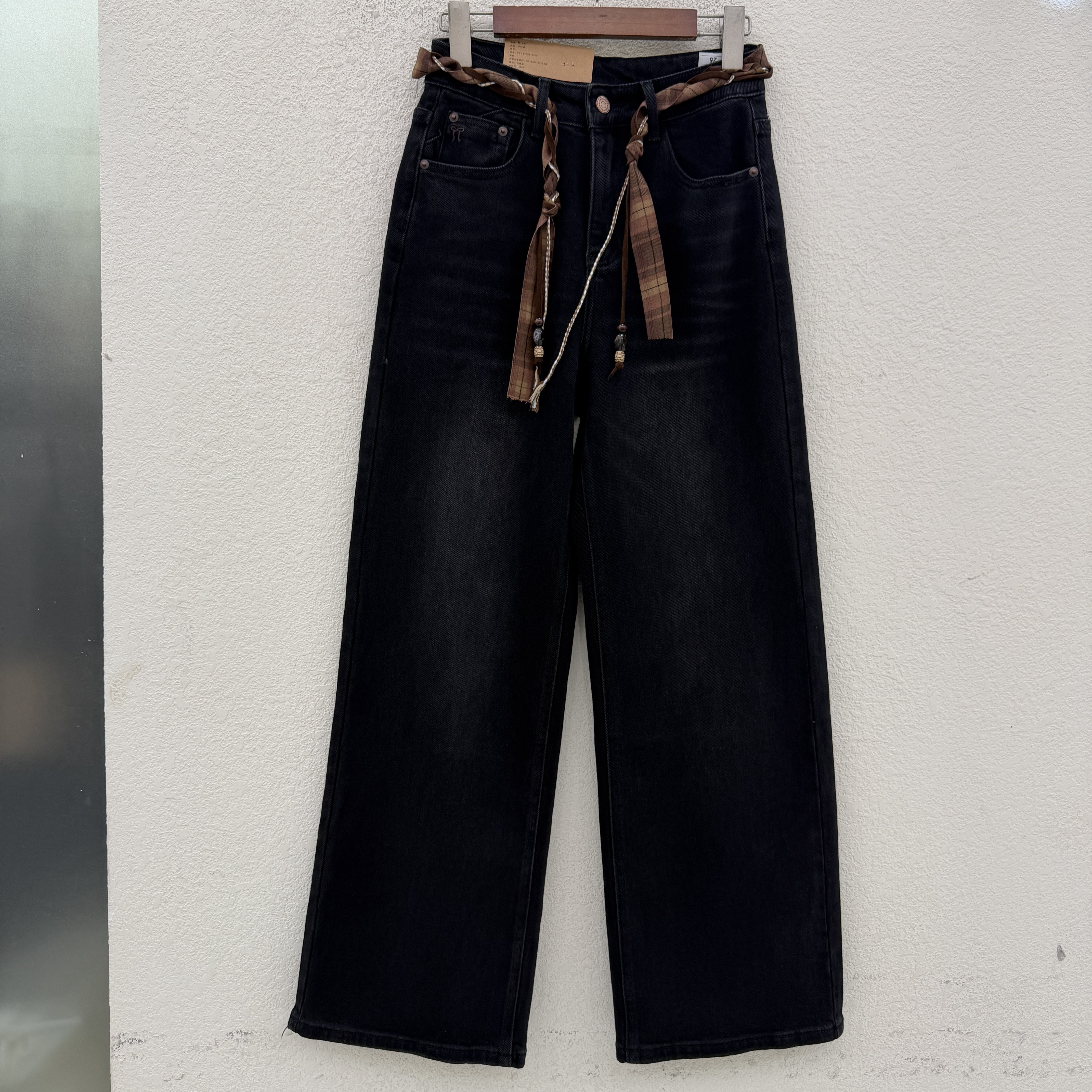 Jeans红提子19048 秋款正品韩版高腰丝带牛仔直筒裤女显瘦阔腿裤