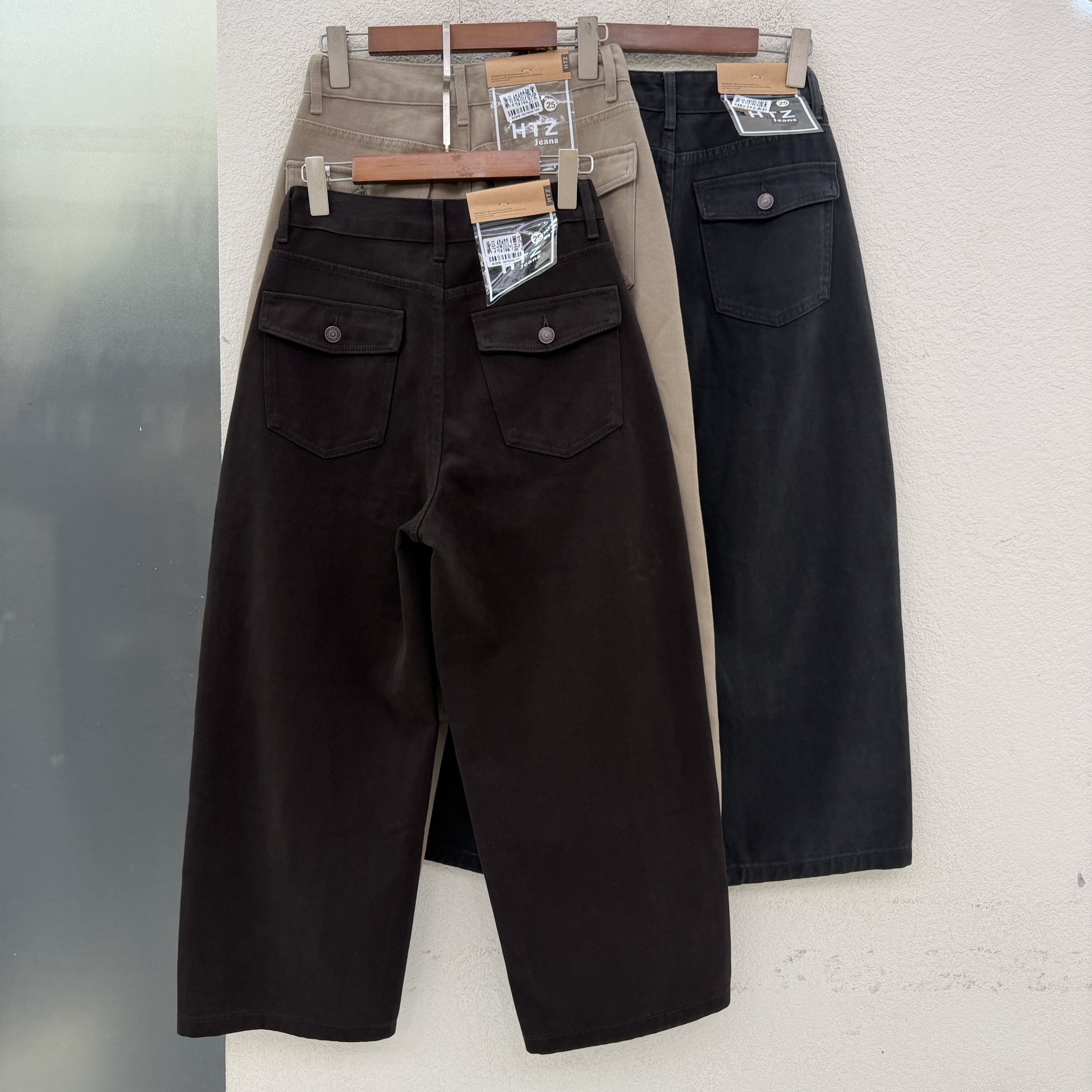 JEANS秋款红提子19102欧版后袋翻盖设计女九分休闲牛仔阔腿弯刀裤