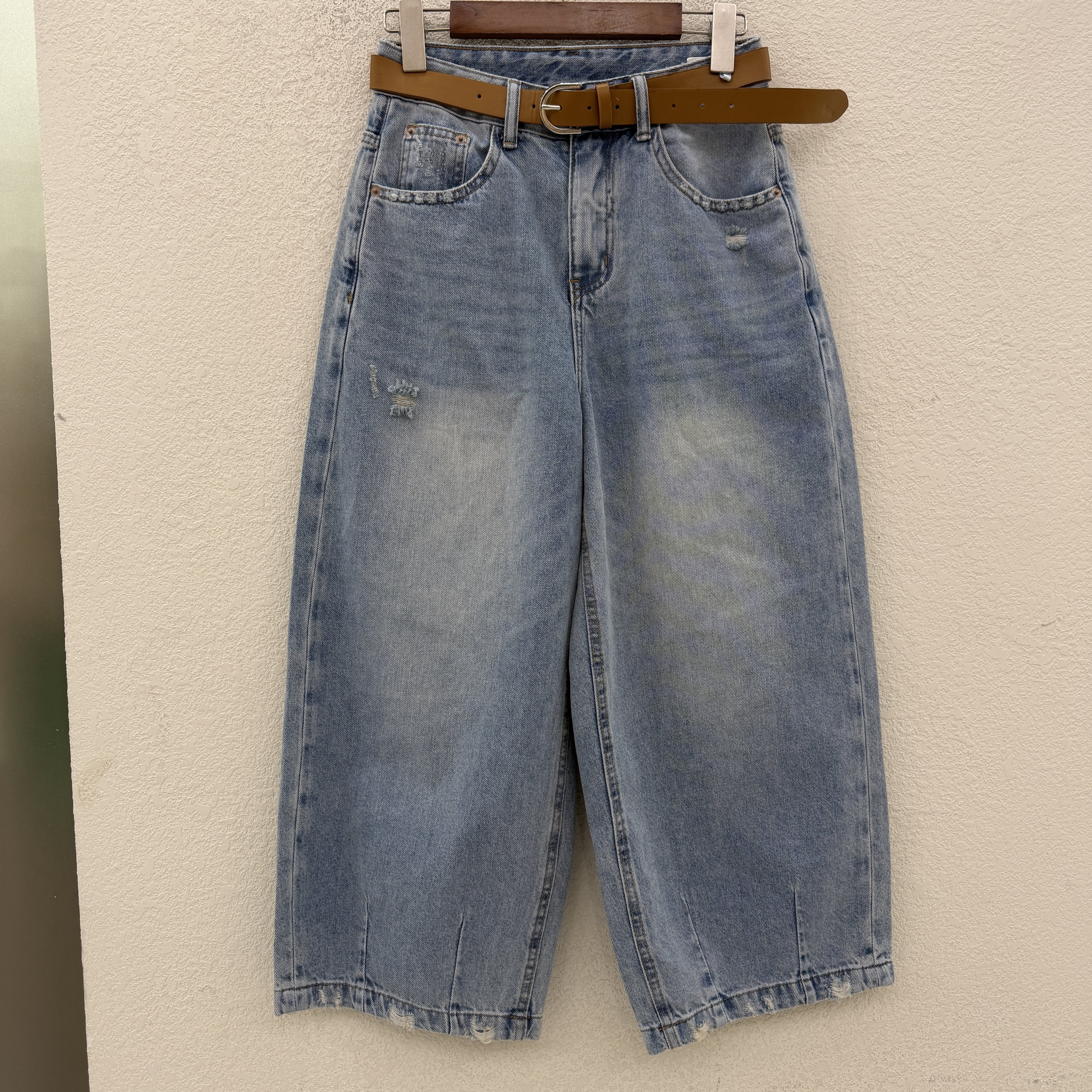 JEANS金蚂蚁S26106阔腿牛仔裤女八分显瘦小个子宽松毛边破洞夏款