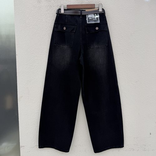 2026秋款JEANS红提子19047显瘦弯刀牛仔裤女黑灰色压线翻盖拖地裤