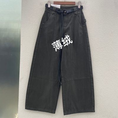 LIANG BAN红提子16258磨毛薄绒冬款无弹宽松弯刀裤高腰显瘦牛仔裤