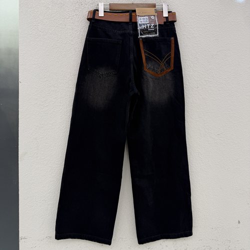 2026秋款JEANS红提子19129牛仔裤女高腰水洗黑灰色撞色直筒阔腿裤