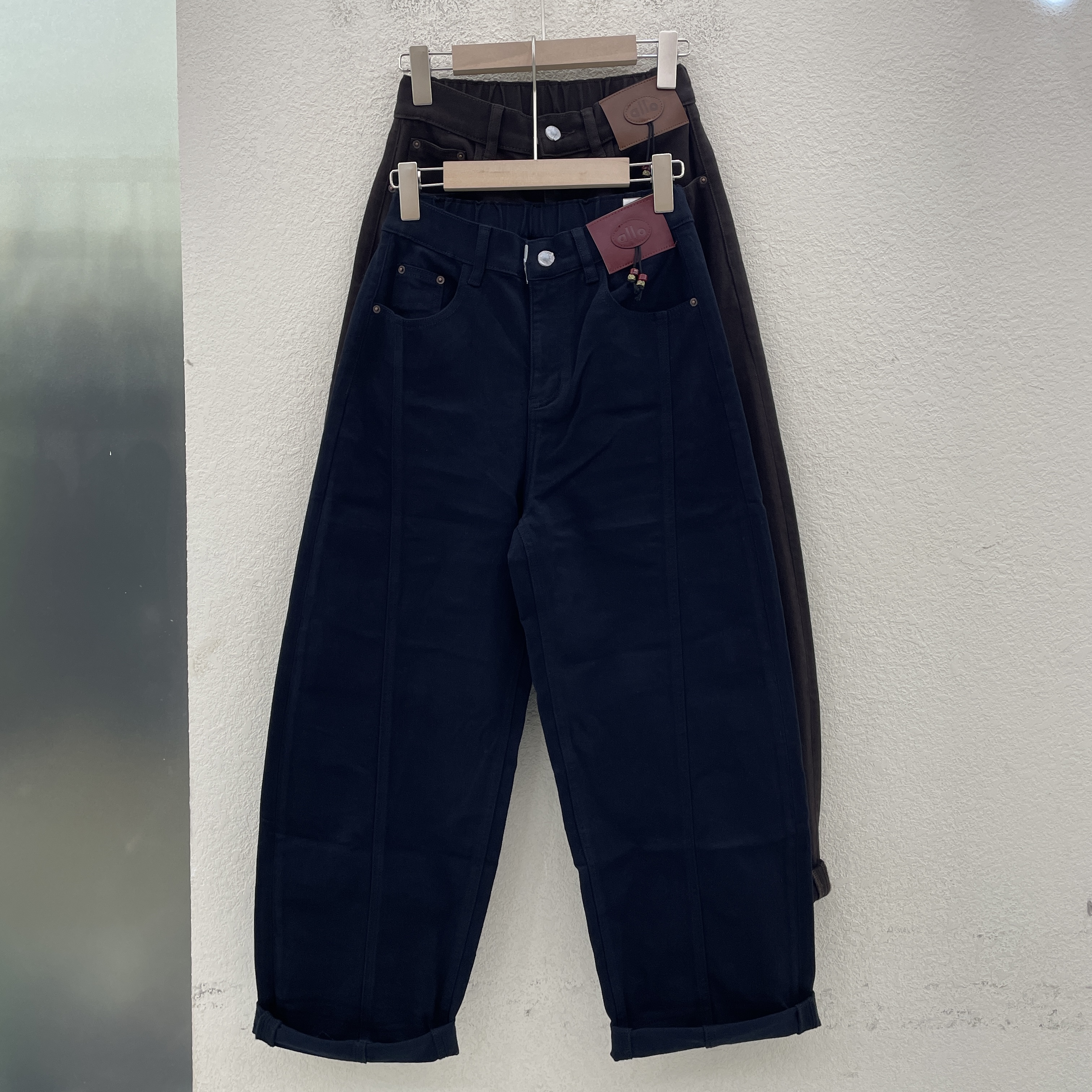 jeans韩酷莱55224欧货半松紧腰女宽松显瘦牛仔阔腿弯刀裤2025秋款