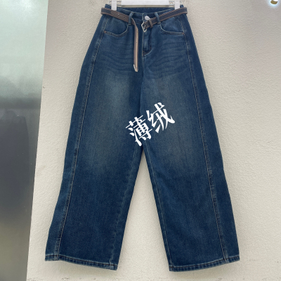 JEANS金蚂蚁8958牛仔裤女蓝色加绒弯刀裤保暖高腰抓绒压线镰刀裤