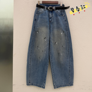 女阔腿裤 高腰浅蓝色显瘦无弹点漆牛仔弯刀裤 春款 Jeans金蚂蚁2659