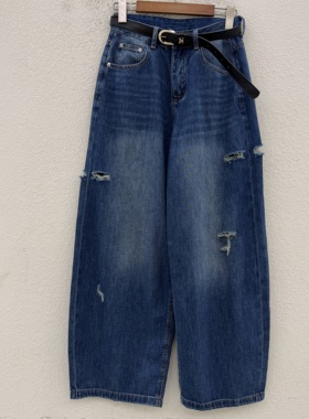 春夏欧货JEANS韩酷莱66372破洞牛仔裤女弯刀裤高腰镰刀裤破烂拖地