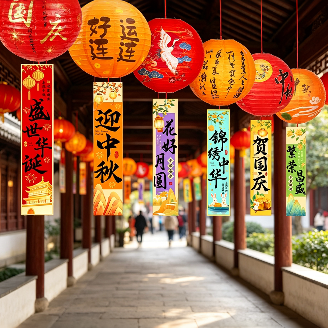 中秋国庆商场店铺纸灯笼条幅挂饰图片