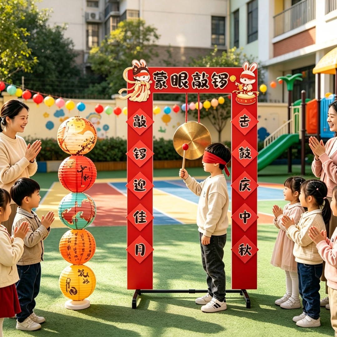中秋节场景布置蒙眼敲锣游戏幼儿园国庆节活动氛围装饰背景墙kt板
