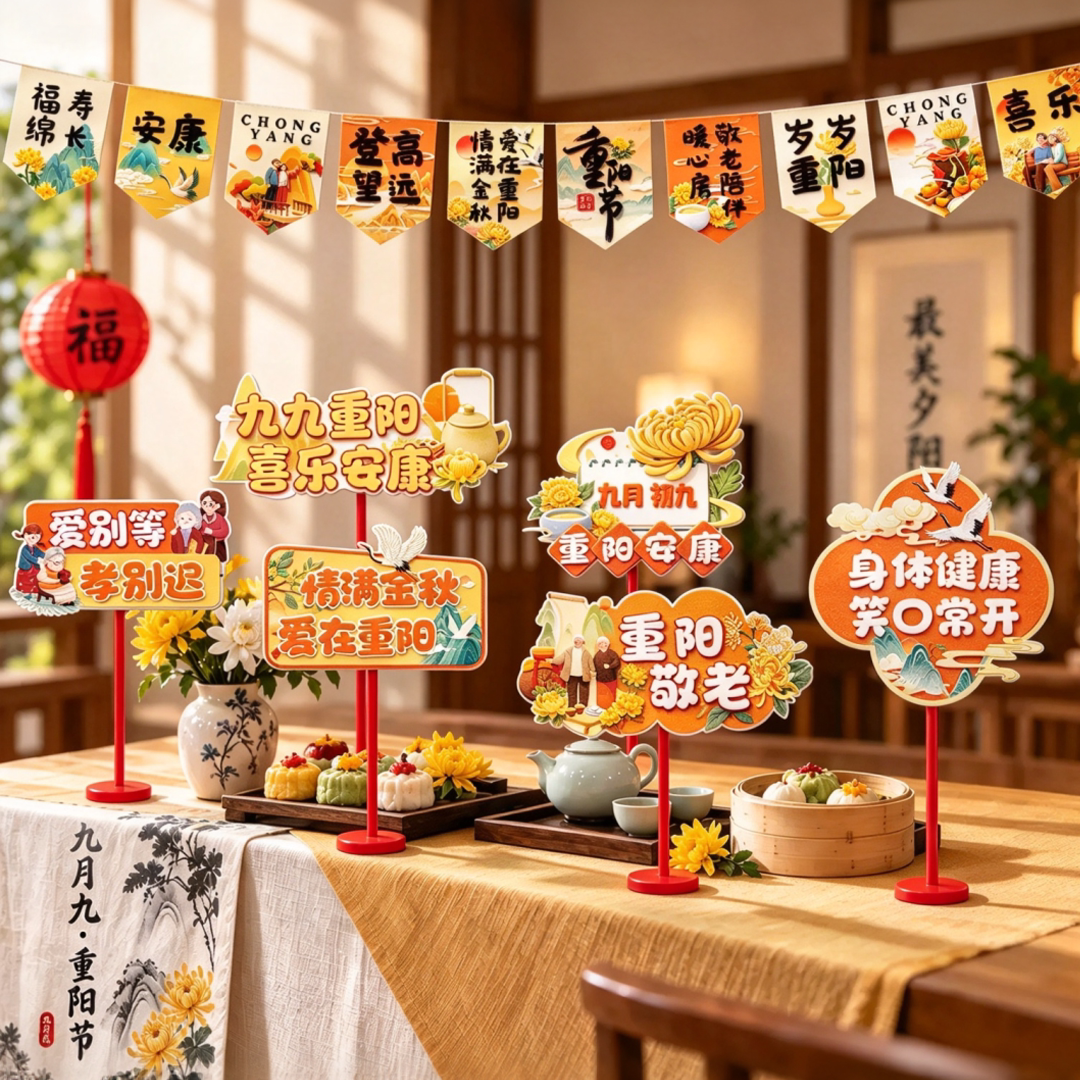 九九重阳节场景布置桌面立牌摆件社区养敬老院拍照打卡手举牌装饰