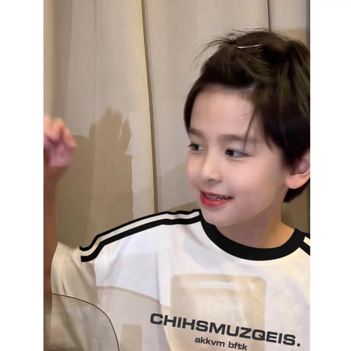 时尚字母印花三条杠拼接男童短袖T恤夏季纯棉撞色男孩儿童上衣潮