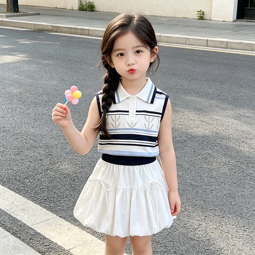 2026夏季女童套装新款中大童洋气翻领条纹上衣花苞裙时尚韩版两件