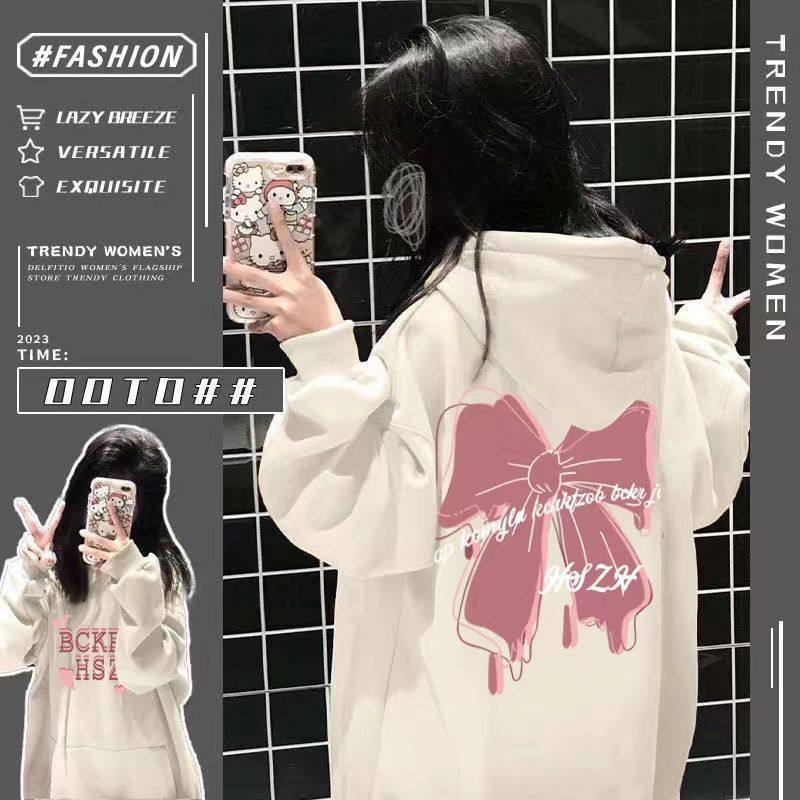 新款冬季连帽童装卫衣女上衣韩系学院风加绒宽松百搭蝴蝶印花外套