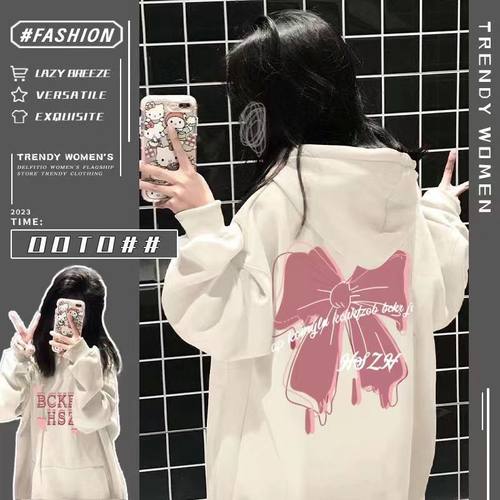 新款冬季连帽童装卫衣女上衣韩系学院风加绒宽松百搭蝴蝶印花外套