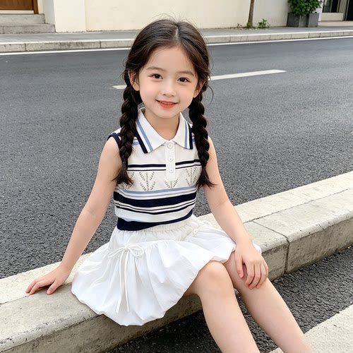 儿童套装夏季新款女童韩版法式条纹Polo领无袖花苞裙时髦两件套夏