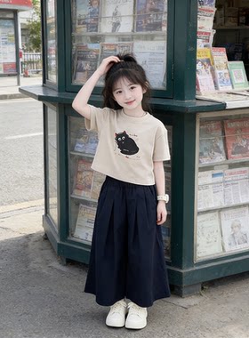 2026新款夏季女童猫咪印花短袖套装中大童时髦韩系阔腿裤运动两件