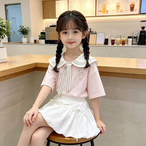 儿童套装夏季新款女童学院风娃娃领短袖花苞裙时尚韩版两件套夏装