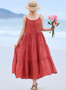 2025夏新款纯亚麻炒色皱加捻大摆吊带裙文艺仙气蛋糕裙红色长裙