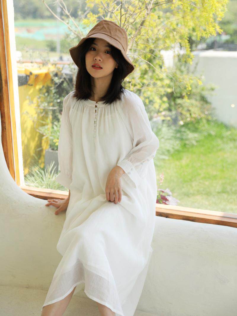 苎麻连衣裙女夏白色袍子高端原创棉麻女装轻薄透气沙滩裙度假长度