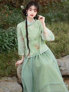 连衣裙汉服套装 轻国风禅意茶服少女改良旗袍绿色两件套夏季 新中式