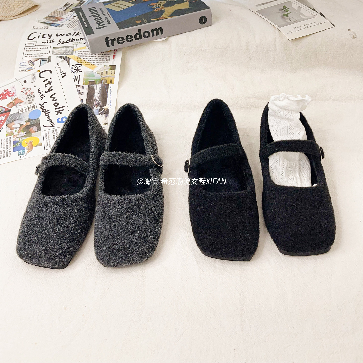 复古高级感2025秋冬新款舒适百搭平底毛呢圆头一字扣玛丽珍单鞋女,女鞋,浅口单鞋,淘宝优惠券,粉丝福利购,淘宝优惠卷