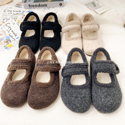 法式2025秋冬新款平底加绒保暖勃肯鞋一字扣毛毛鞋玛丽珍棉鞋女潮