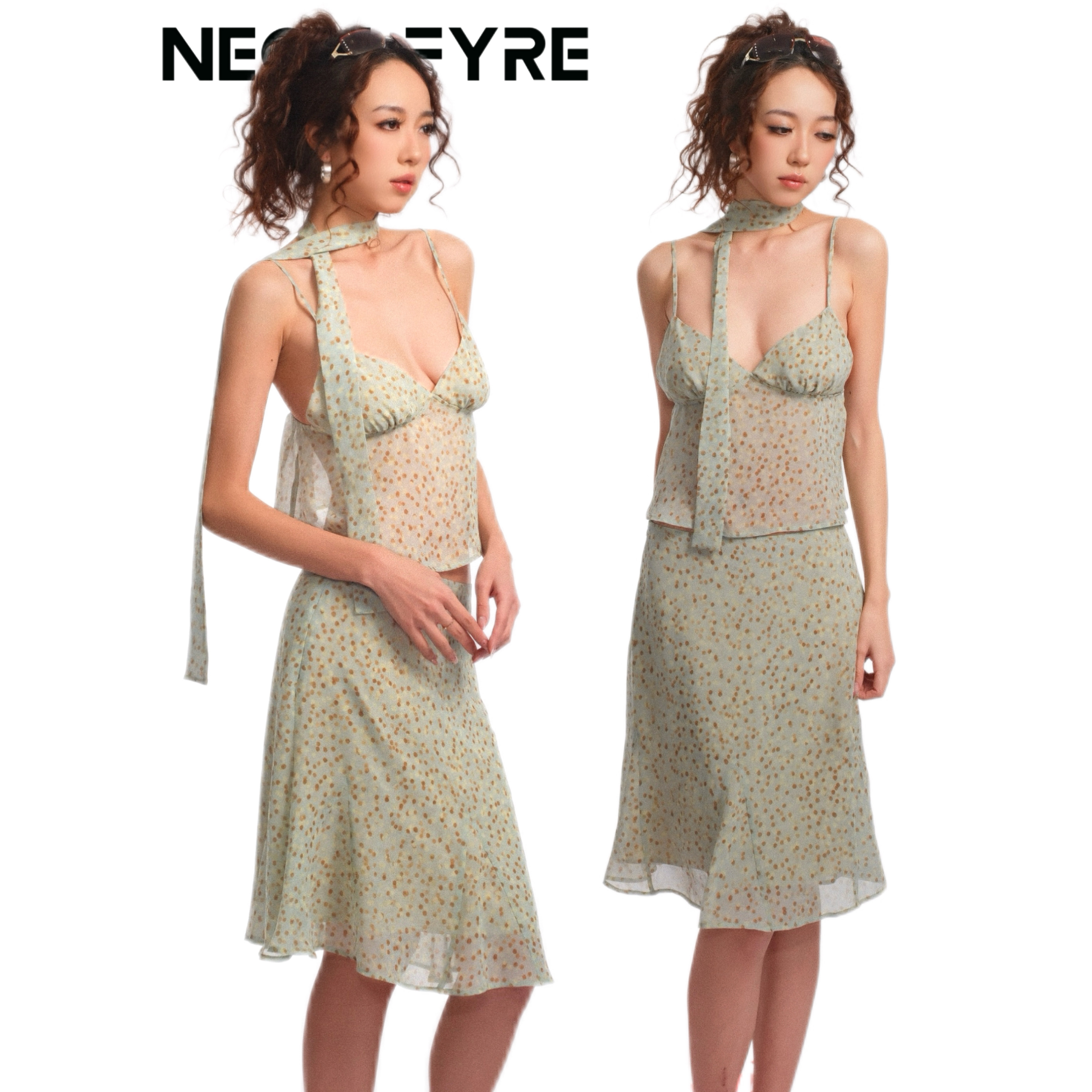 NEON FYRE原创【Minty】青提绿波点设计感吊带套装女丝巾A字裙