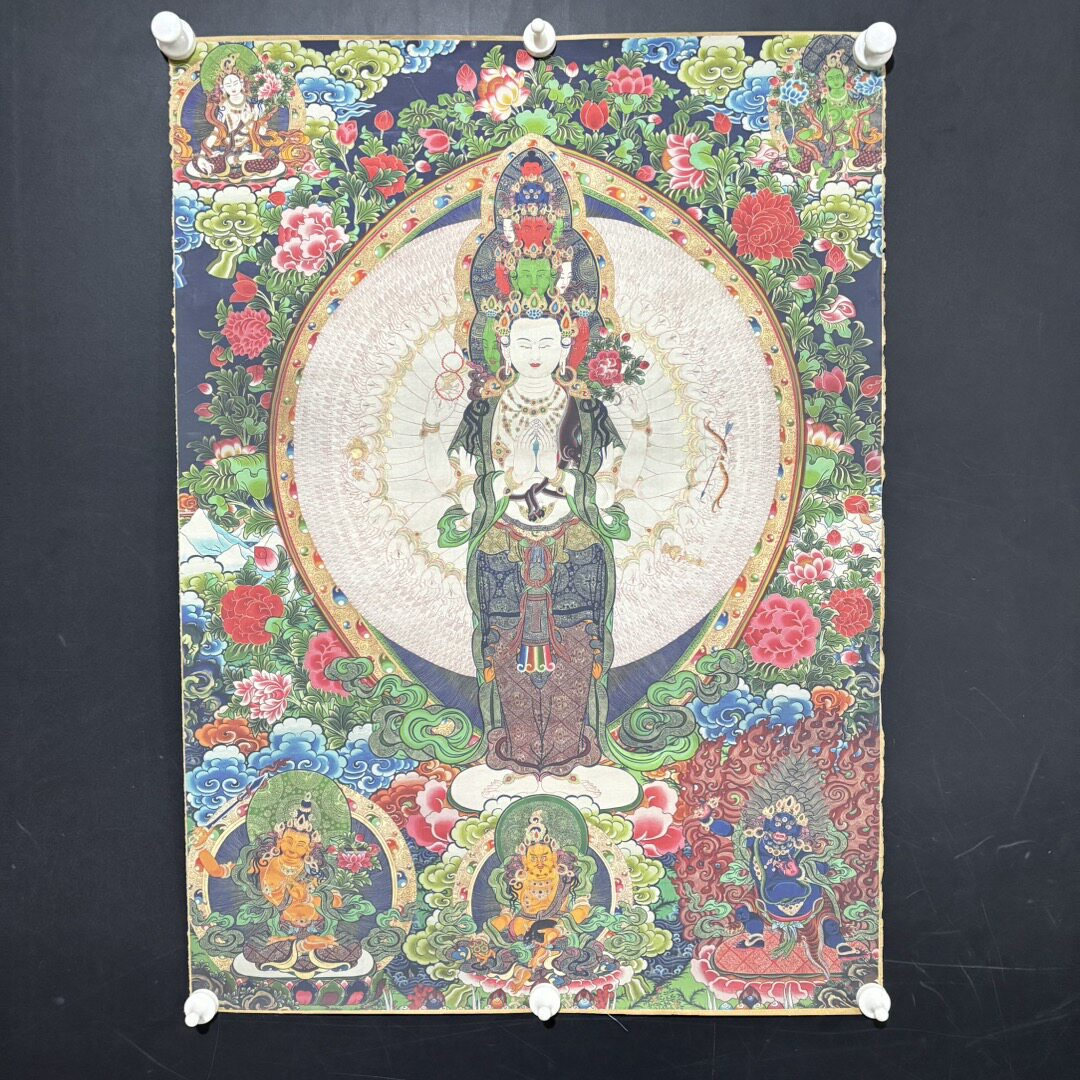 唐卡千手观音佛像菩萨佛堂供奉装饰画牛皮纸挂画