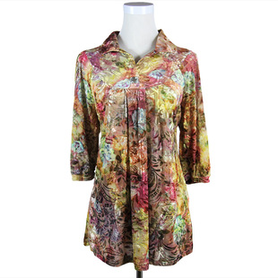 宽松大码妈妈女装薄款丝绒五分袖中长款polo小翻领胖mm上衣印花t