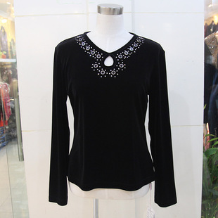 春季长袖四面弹力丝绒黑色打底衫秀巧v领t恤修身显瘦镶钻套头上衣