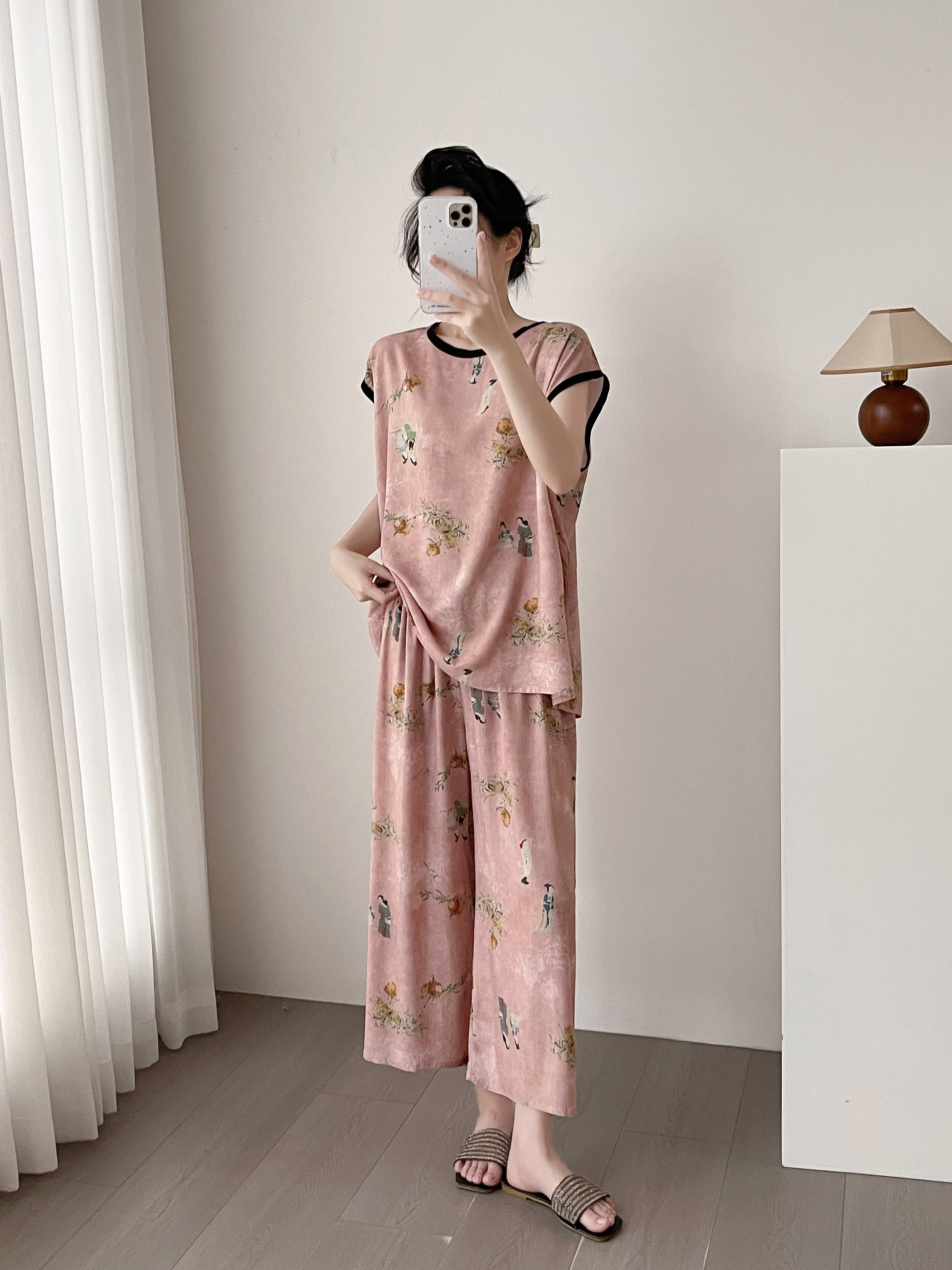 女夏季时尚外穿洋气显瘦妈妈装棉绸睡衣短袖8分裤