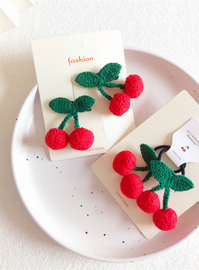 红色樱桃手工线织女孩发夹发绳品质婴幼儿童可爱喜庆轻质发饰皮筋