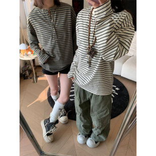 宽松打底衫 JMJ2025春季 t恤男女基础款 美式 上衣 亨利领正肩条纹长袖