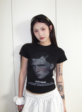 JMJ 美式黑色人像印花圆领短袖T恤夏季辣妹修身显瘦正肩短款上衣