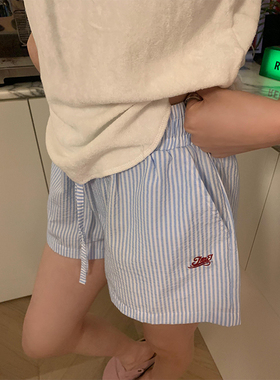 JMJ 2025竖条纹抽绳字母刺绣阔腿短裤男女宽松夏季热裤休闲三分裤