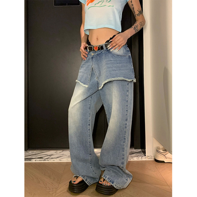 JMJ 2025美式复古假两件A字裙拼接微喇牛仔裤女宽松设计感长裤