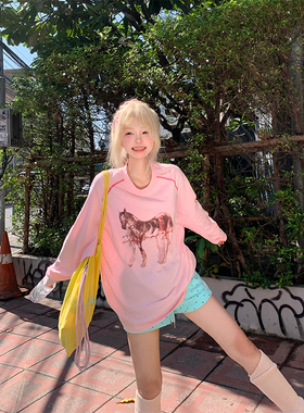 JMJ 美式复古手绘小马印花落肩长袖T恤男女宽松休闲圆领百搭上衣