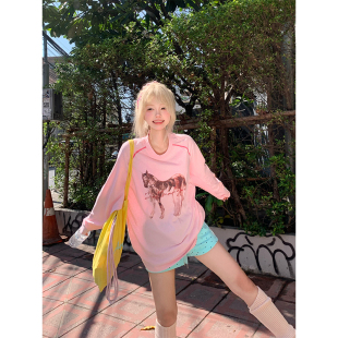 T恤男女宽松休闲圆领百搭上衣 复古手绘小马印花落肩长袖 JMJ 美式