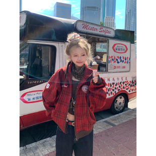 卫衣男女秋冬宽松百搭外套 复古格纹字母刺绣加绒连帽开衫 JMJ 美式