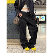 男女宽松休闲百搭直筒阔腿长裤 JMJ美式 复古水洗字母印花牛仔裤