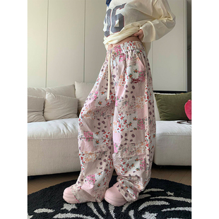 男女宽松直筒ins休闲裤 小众碎花拼色抽绳阔腿裤 美式 JMJ2025春季