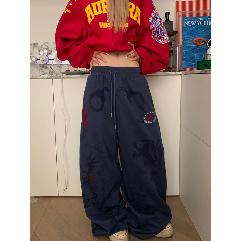 JMJ 美式设计感印花松紧腰阔腿卫裤男女宽松休闲慵懒垂感休闲裤