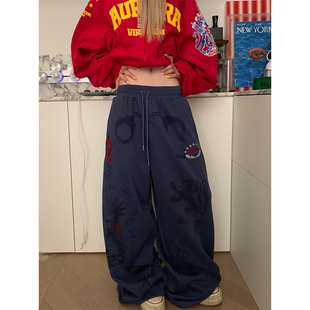 男女宽松休闲慵懒垂感休闲裤 设计感印花松紧腰阔腿卫裤 美式 JMJ