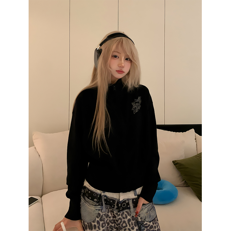 JMJ 美式复古立领字母印花针织毛衣开衫男女春秋百搭宽松休闲外套