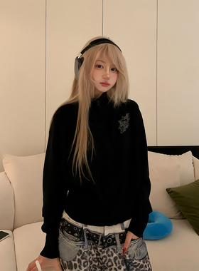 JMJ 美式复古立领字母印花针织毛衣开衫男女春秋百搭宽松休闲外套