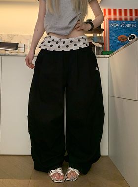 JMJ 美式复古波点腰头设计感休闲裤男女宽松休闲慵懒拖地直筒长裤